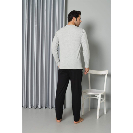 Men's Long Sleeve Combed Cotton Gray Pajama Set