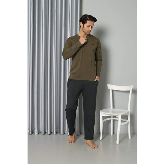 Men's Long Sleeve Combed Cotton Khaki Pajama Set