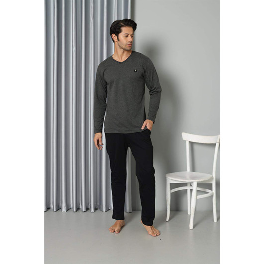 Men's Long Sleeve V-Neck Combed Cotton Anthracite Pajama Set
