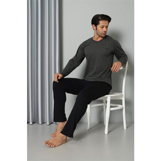 Men's Long Sleeve V-Neck Combed Cotton Anthracite Pajama Set