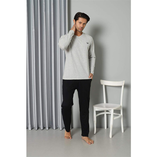 Men's Long Sleeve V-Neck Combed Cotton Gray Pajama Set