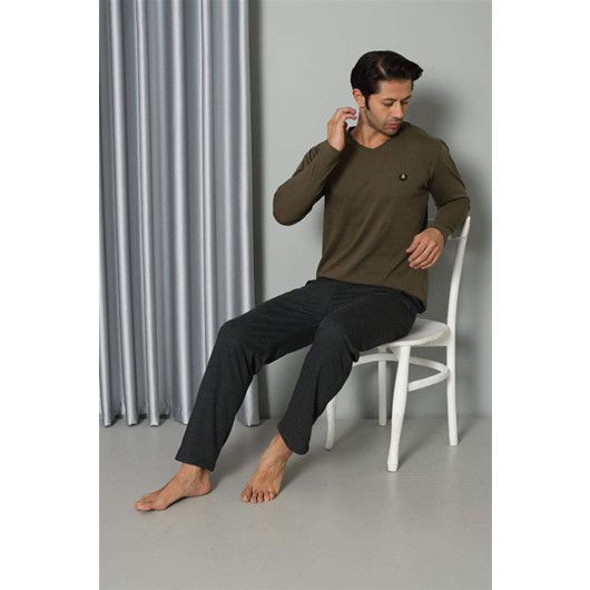 Men's Long Sleeve V-Neck Combed Cotton Khaki Pajama Set