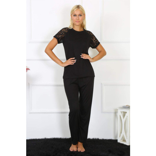 Women's Combed Cotton Pajama Set With Black Lace Sleeves