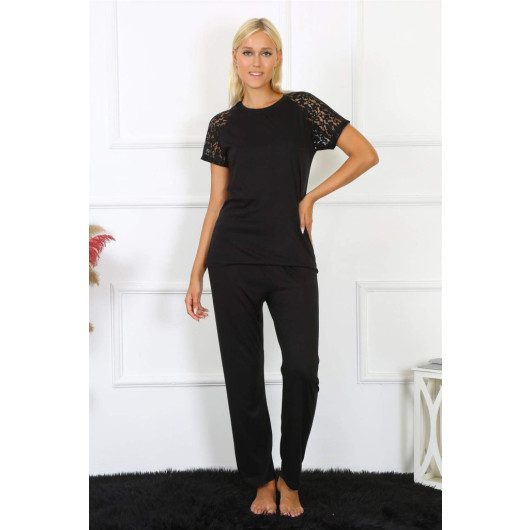 Women's Combed Cotton Pajama Set With Black Lace Sleeves