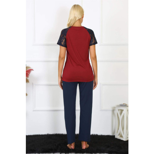 Women's Combed Cotton Pajama Set With Burgundy Lace Sleeves