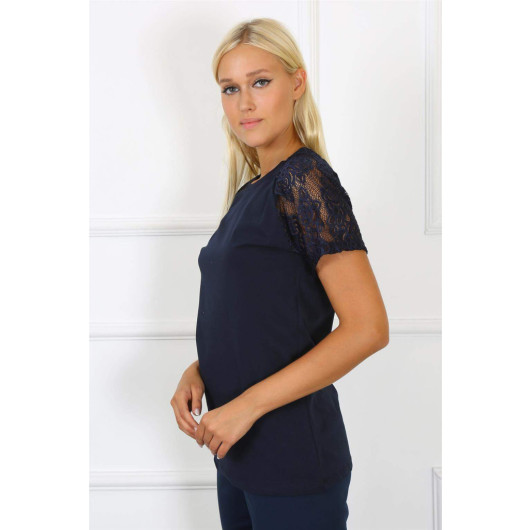 Women's Combed Cotton Pajama Set With Lace Sleeves, Navy Blue