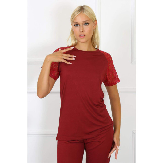 Women's Burgundy Combed Cotton Pajama Set With Lace Sleeves