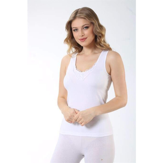 Women Ribbed White Thick Strap Lace V Neck Undershirt 3 Piece