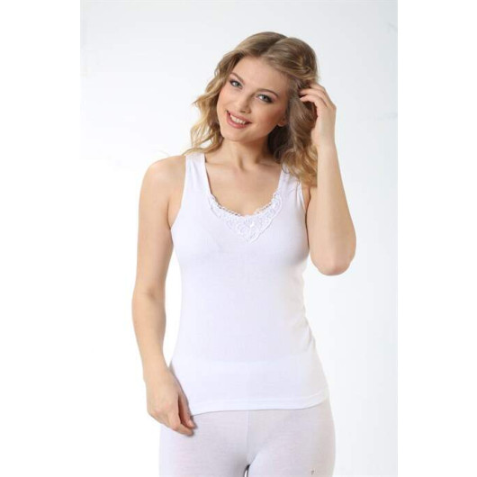 Women's Ribbed White Thick Strap Lace V Neck Athlete
