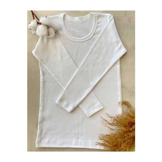 Girl's White Ribbed 100% Cotton Long Sleeve Badi