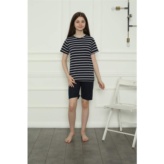 Girls' Navy Blue Shorts Pajama Set, Combed Cotton