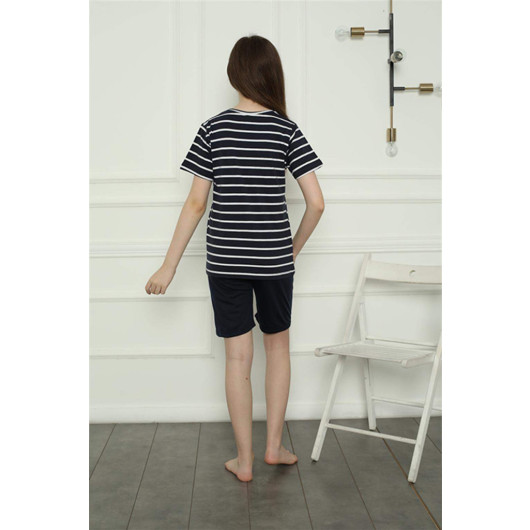 Girls' Navy Blue Shorts Pajama Set, Combed Cotton