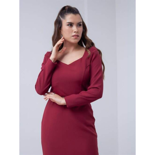 Atlas Fabric Sweetheart Collar Belted Dress Claret Red