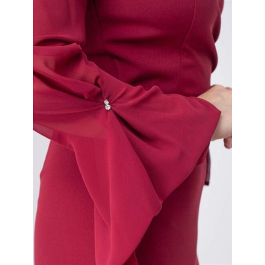 Atlas Fabric Sleeves Chiffon Dress Claret Red
