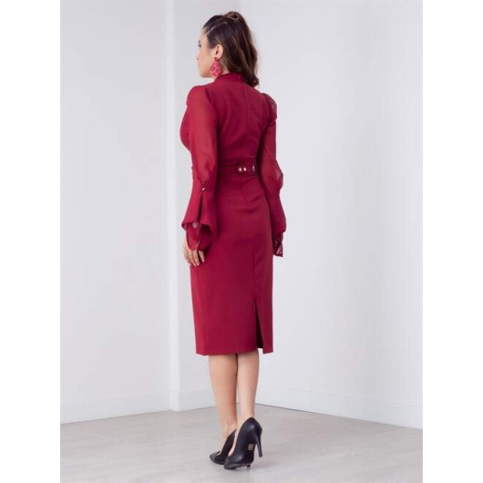 Atlas Fabric Sleeves Chiffon Dress Claret Red