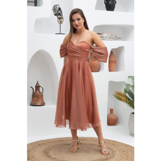 Copper Low Sleeve Organza Engagement Evening Dress
