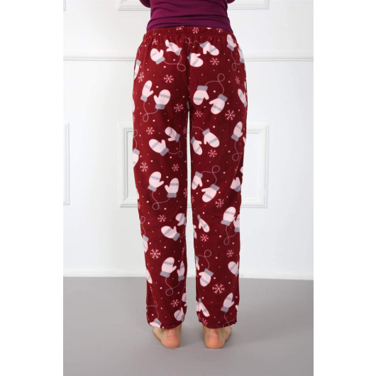 Women's Burgundy Pajama Pants With Snow Pattern