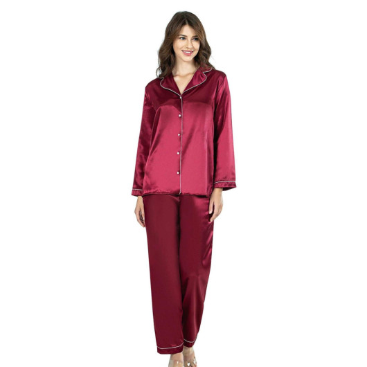 Claret Red Double Satin Nightgown Pajama Set