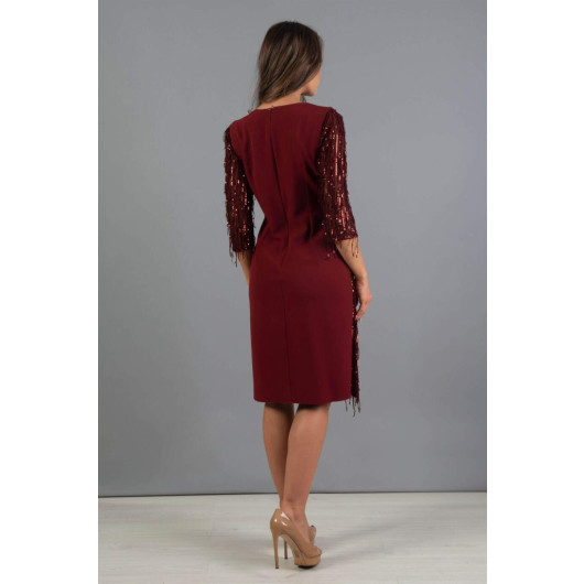 Burgundy Fringed Sequined Low Cut Short Evening Dress