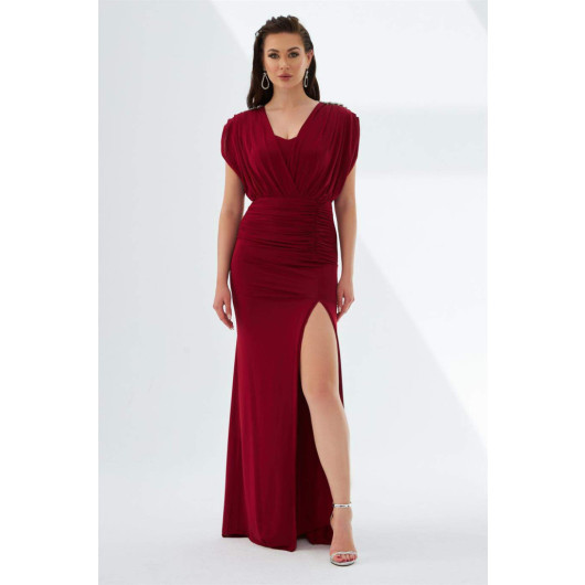 Claret Red Sandy Slit Long Evening Dress With Low Back