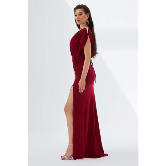 Claret Red Sandy Slit Long Evening Dress With Low Back