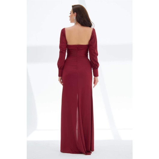 Burgundy Satin Front Slit Aller Sleeve Long Evening Dress