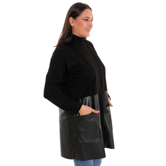 Large Size Black Jacket With Leather On The Bottom Side