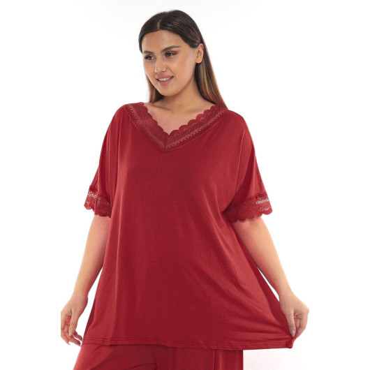 Large Size Oversized Pajama Set With Lace Detail On Collar And Sleeve Edge Claret Red