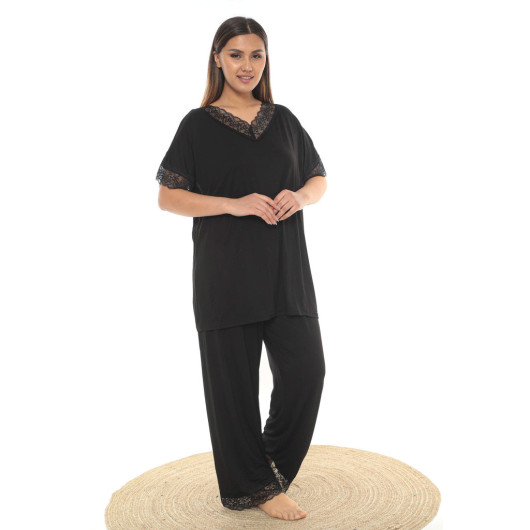 Large Size Oversized Collar And Sleeve Edge Lace Detailed Flexible Pajama Set Black