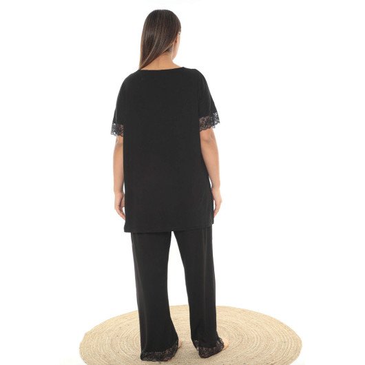 Large Size Oversized Collar And Sleeve Edge Lace Detailed Flexible Pajama Set Black