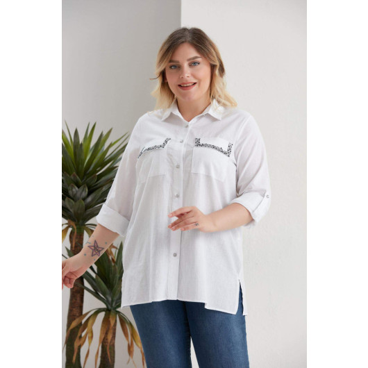 Large Size Ecru Shirt With Stone Printed Pocket Covers