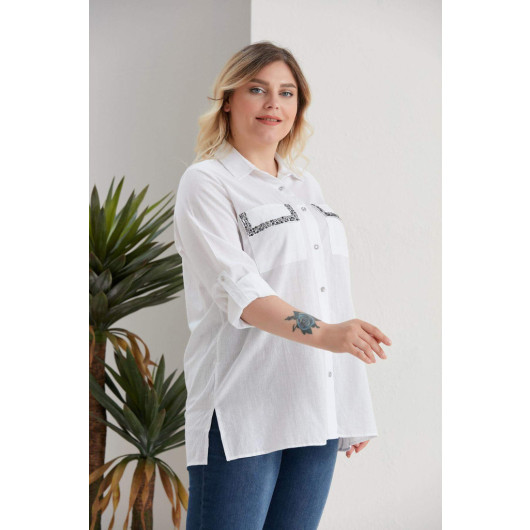 Large Size Ecru Shirt With Stone Printed Pocket Covers