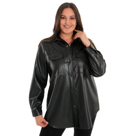 Plus Size Leather Black Shirt With Snap Buttons