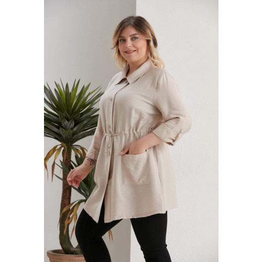 Plus Size Beige Trench With Snap Fastening And Lace Waist