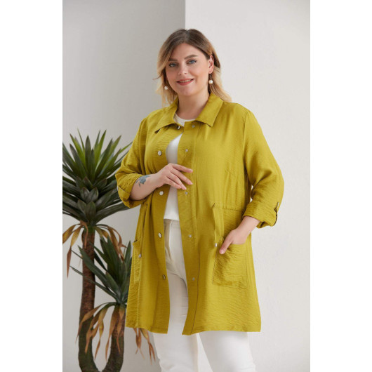 Plus Size Pistachio Green Trench With Snap Fastening And Lace Waist