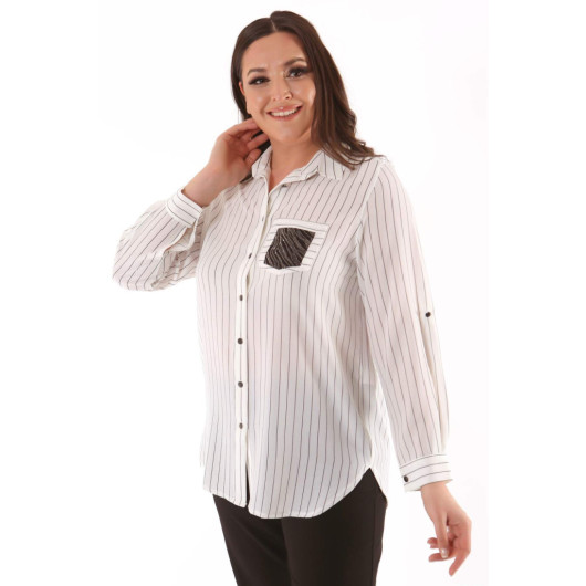 Large Size Striped Ecru Shirt With Pocket Stone Detail