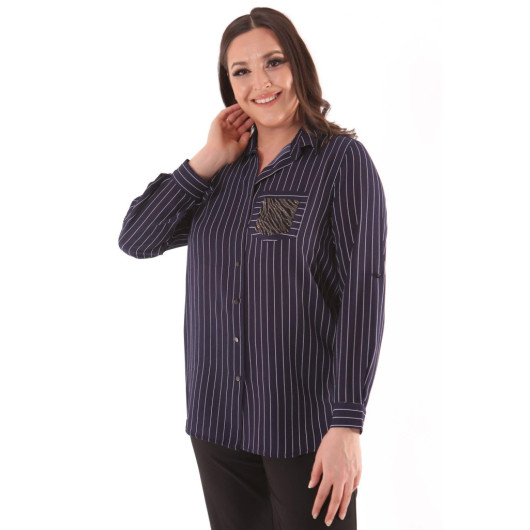 Large Size Striped Navy Blue Shirt With Stone Detail