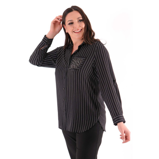 Large Size Striped Pocket Black Shirt With Stone Detail