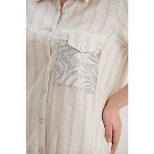 Large Size Striped Pocket Zebra Pattern Printed Beige Shirt