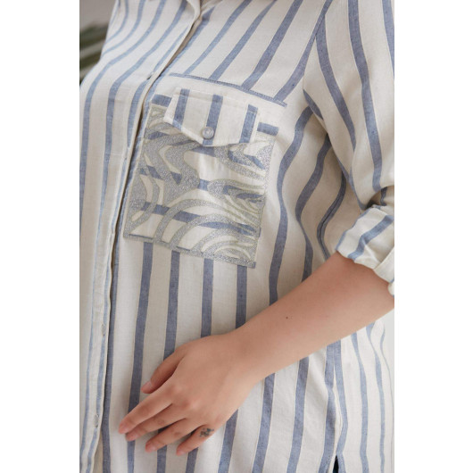 Large Size Striped Pocket Zebra Pattern Printed Navy Blue Shirt