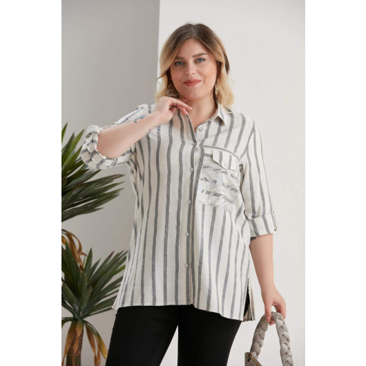 Large Size Striped Pocket Zebra Pattern Printed Black Shirt