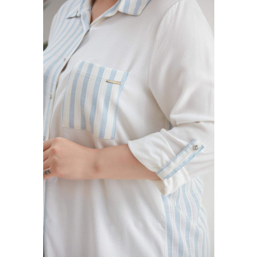 Large Size Striped Garnished Blue Shirt