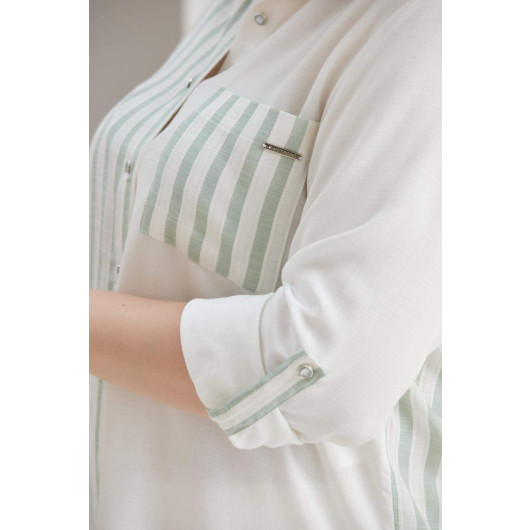 Large Size Mint Green Shirt With Striped Garnish
