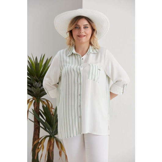 Large Size Mint Green Shirt With Striped Garnish