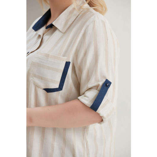 Plus Size Striped Denim Beige Shirt With Epaulettes
