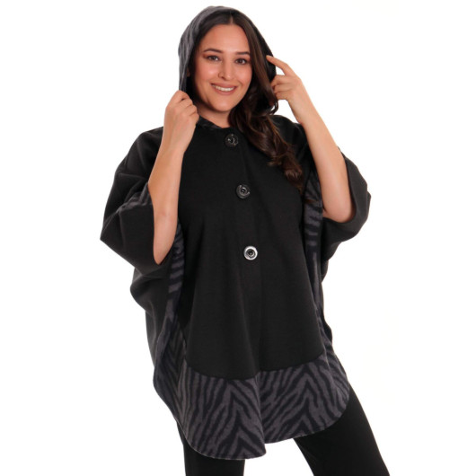 Large Size Buttoned Zebra Patterned Anthracite Poncho