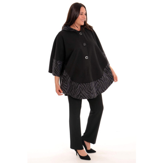 Large Size Buttoned Zebra Patterned Anthracite Poncho