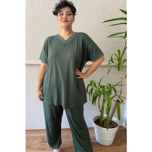 Plus Size Women's Oversized Lace Detailed Pajama Set Khaki