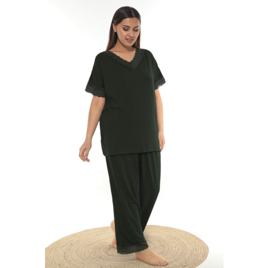 Plus Size Women's Oversized Lace Detailed Pajama Set Khaki
