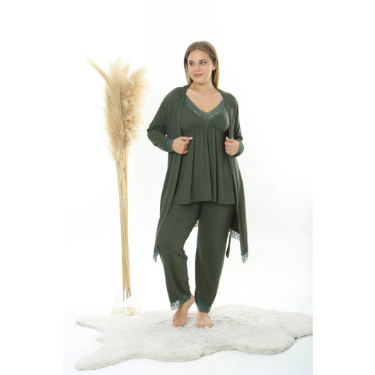 Plus Size Women's Khaki Lace String Strap Knitted Comfortable Dressing Gown + Pajama Set 3 Pieces